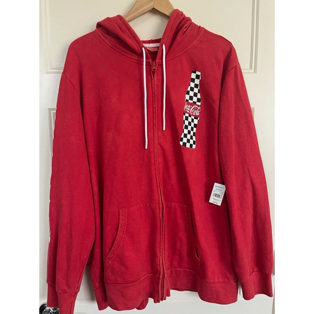 NWT Coca-Cola Red Full Zip Hoodie Jacket Checkerboard Coke Bottle Sleeve Men XXL